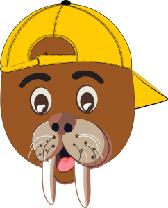 A cartoon walrus wears a backwards yellow baseball cap